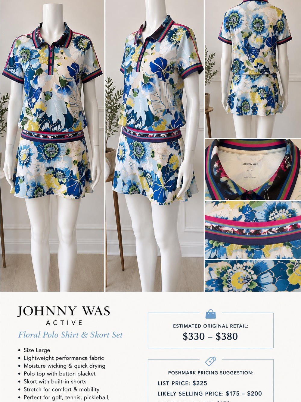 Johnny Was Floral Active Polo & Skort Set in White, Blue & Yellow